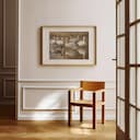 Room view with a matted frame of An impressionist oil painting, a group of geese in a pond, distant view