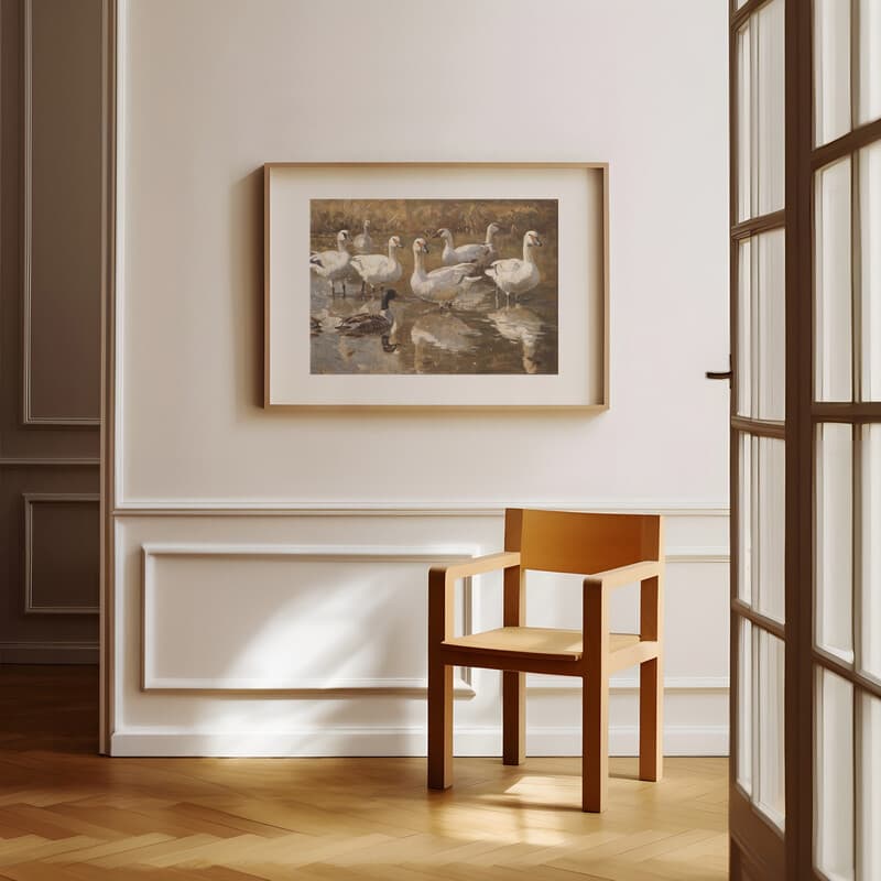 Room view with a matted frame of An impressionist oil painting, a group of geese in a pond, distant view