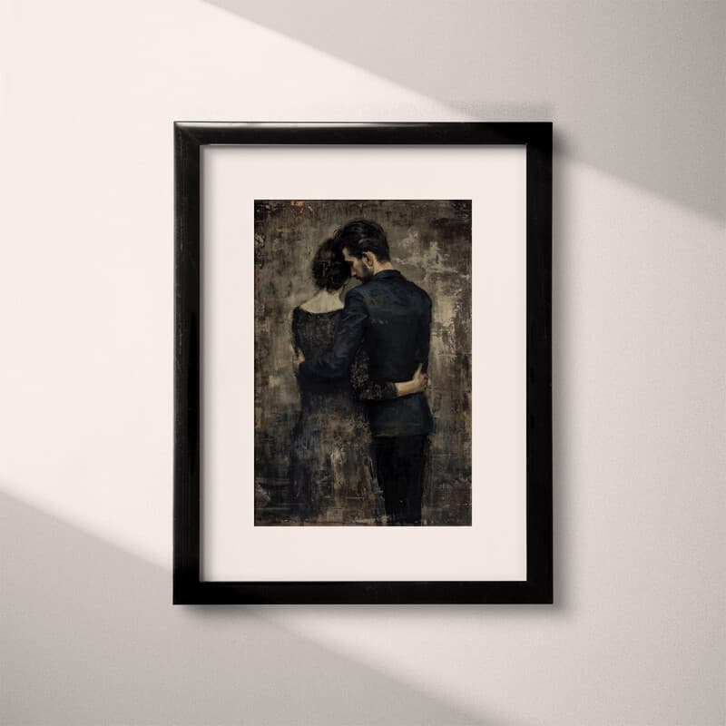 Matted frame view of A vintage oil painting, a man and woman embracing, back view