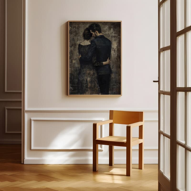 Room view with a full frame of A vintage oil painting, a man and woman embracing, back view