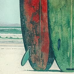 Surfboards Art | Beach Wall Art | Coastal Print | White, Blue, Green, Red, Brown and Orange Decor | Vintage Wall Decor | Living Room Digital Download | Housewarming Art | Independence Day Wall Art | Summer Print | Colored Pencil Illustration