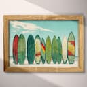 Full frame view of A vintage colored pencil illustration, a row of surfboards