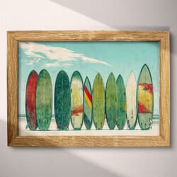 Surfboards Art | Beach Wall Art | Coastal Print | White, Blue, Green, Red, Brown and Orange Decor | Vintage Wall Decor | Living Room Digital Download | Housewarming Art | Independence Day Wall Art | Summer Print | Colored Pencil Illustration