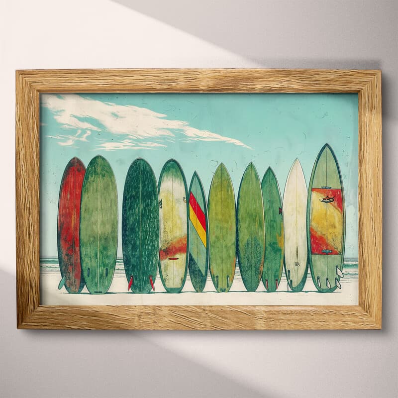 Full frame view of A vintage colored pencil illustration, a row of surfboards