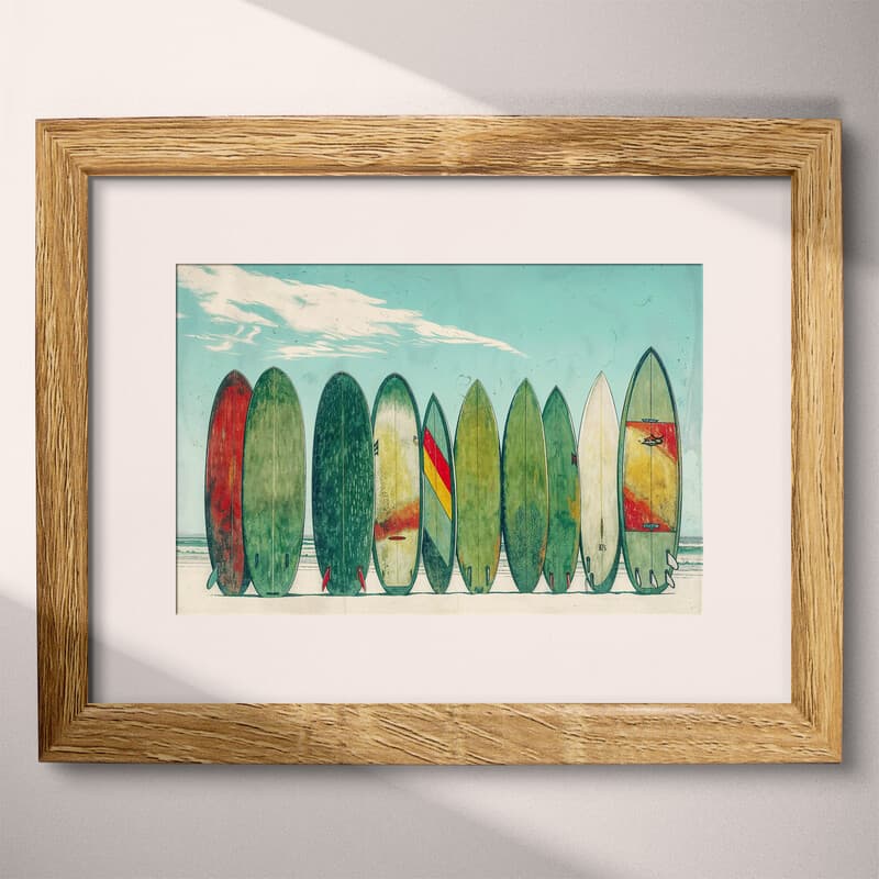 Matted frame view of A vintage colored pencil illustration, a row of surfboards