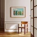 Room view with a matted frame of A vintage colored pencil illustration, a row of surfboards