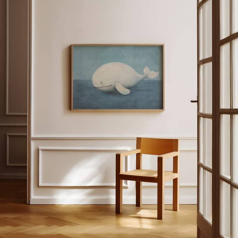 Room view with a full frame of A cute chibi anime pastel pencil illustration, a whale in the sea