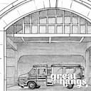 Closeup view of A vintage pencil sketch, front view of a fire station