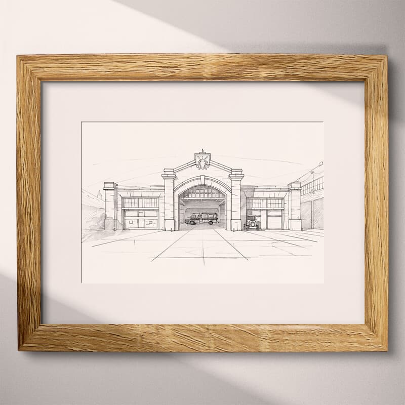 Matted frame view of A vintage pencil sketch, front view of a fire station