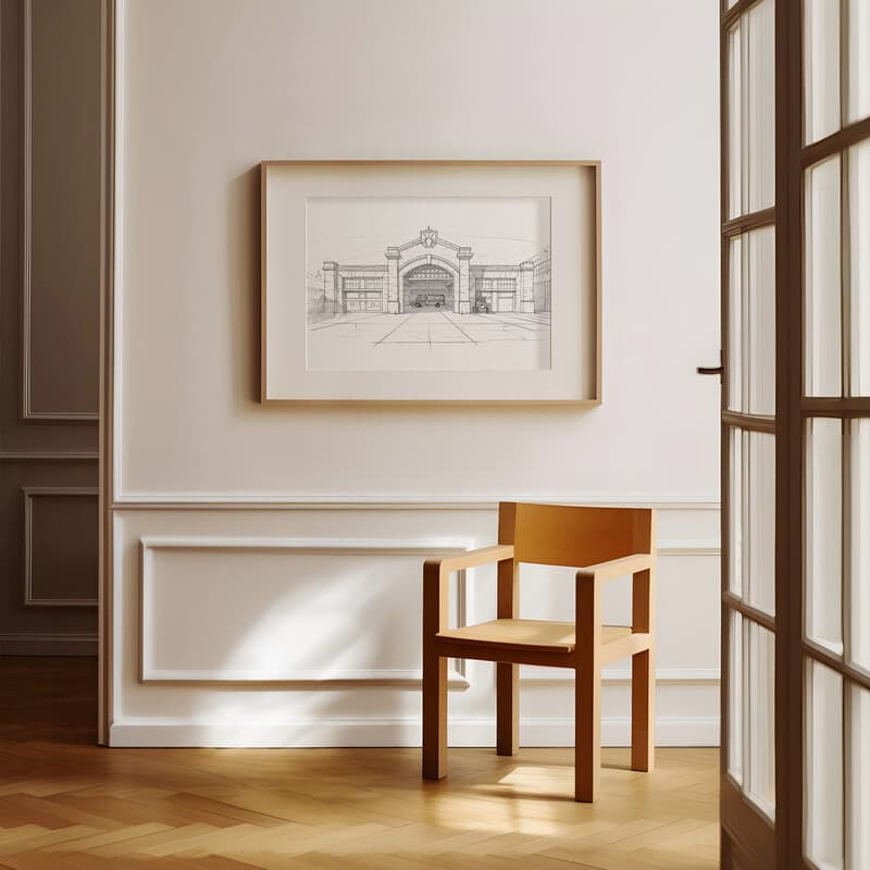 Room view with a matted frame of A vintage pencil sketch, front view of a fire station