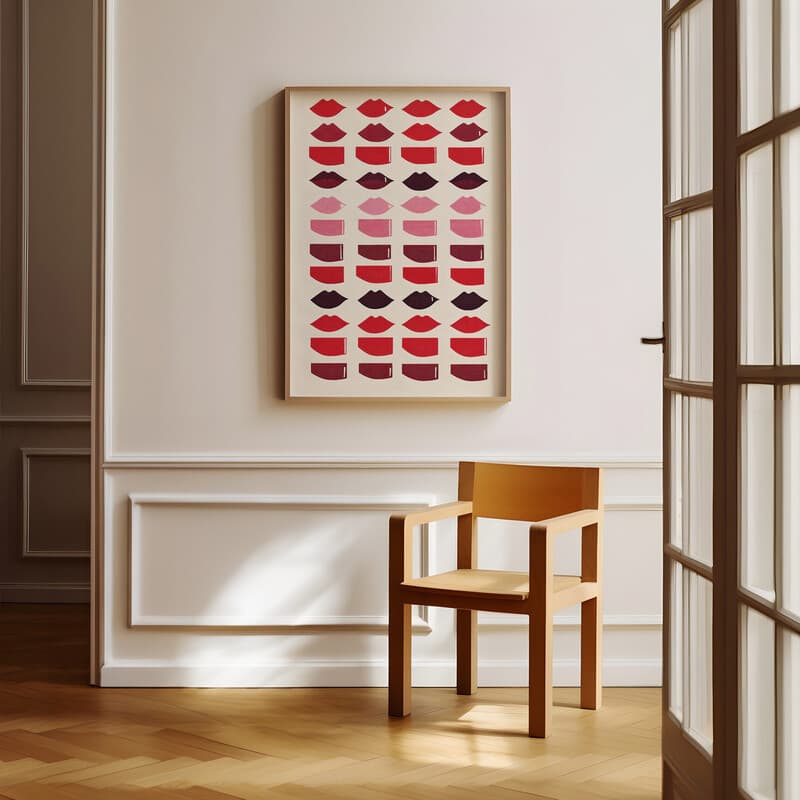 Room view with a full frame of A retro textile print, symmetric lipstick print pattern