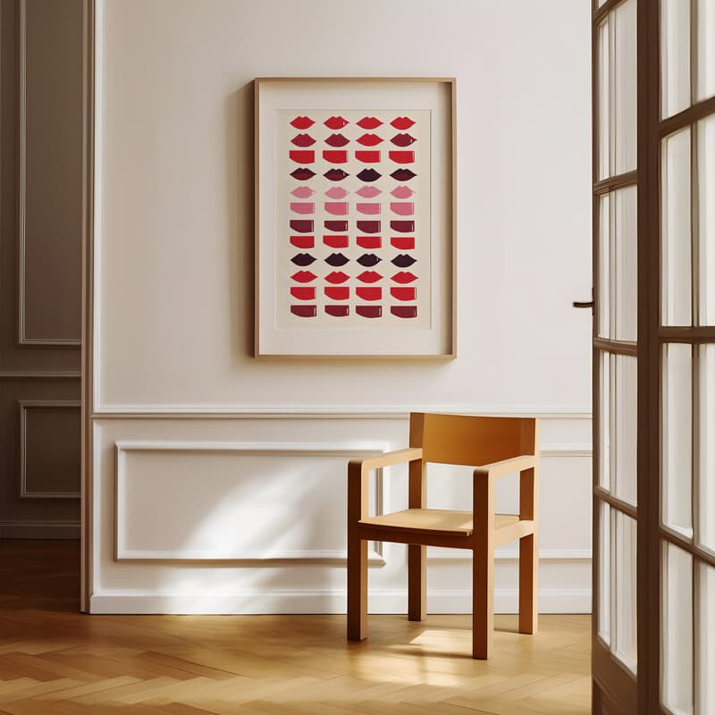 Room view with a matted frame of A retro textile print, symmetric lipstick print pattern