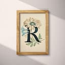 Full frame view of A vintage pastel pencil illustration, the letter "R" with a flower