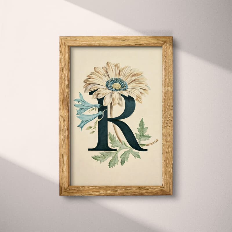 Full frame view of A vintage pastel pencil illustration, the letter "R" with a flower