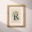 Matted frame view of A vintage pastel pencil illustration, the letter "R" with a flower