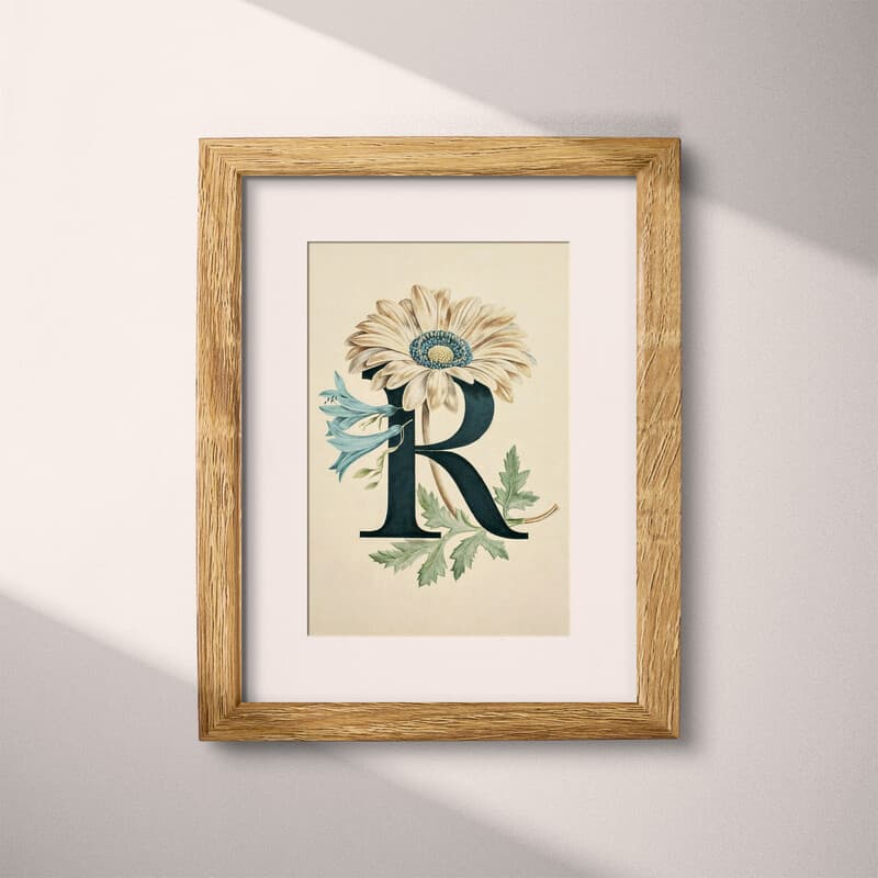 Matted frame view of A vintage pastel pencil illustration, the letter "R" with a flower