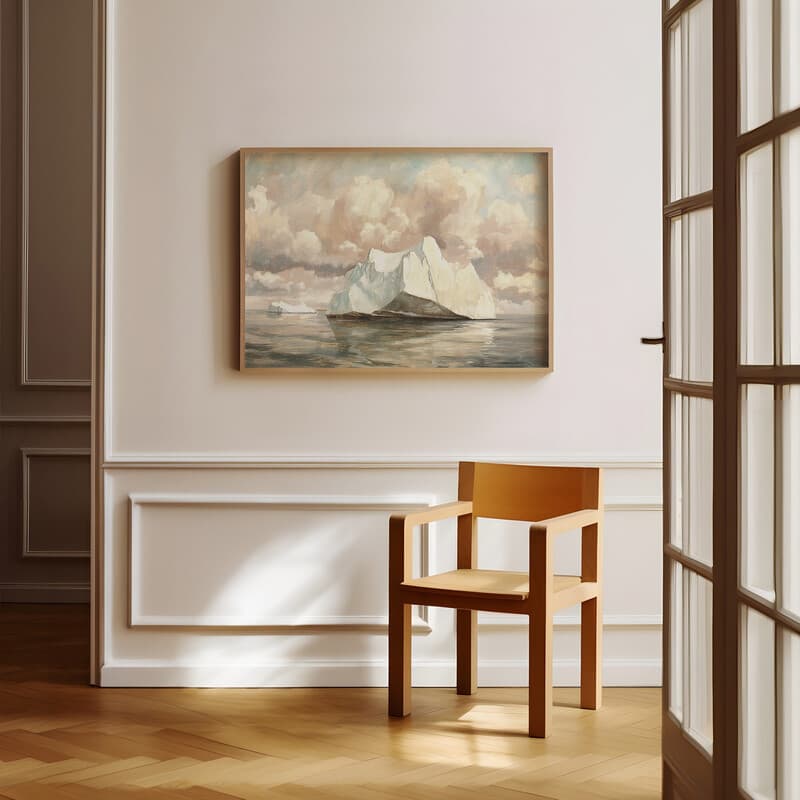 Room view with a full frame of An impressionist oil painting, an iceberg in the sea, clouds