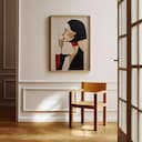 Room view with a full frame of An abstract contemporary oil painting, classy woman with champagne glass, side view