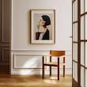 Room view with a matted frame of An abstract contemporary oil painting, classy woman with champagne glass, side view