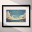 Matted frame view of A vintage pastel pencil illustration, a football stadium, clouds in the sky