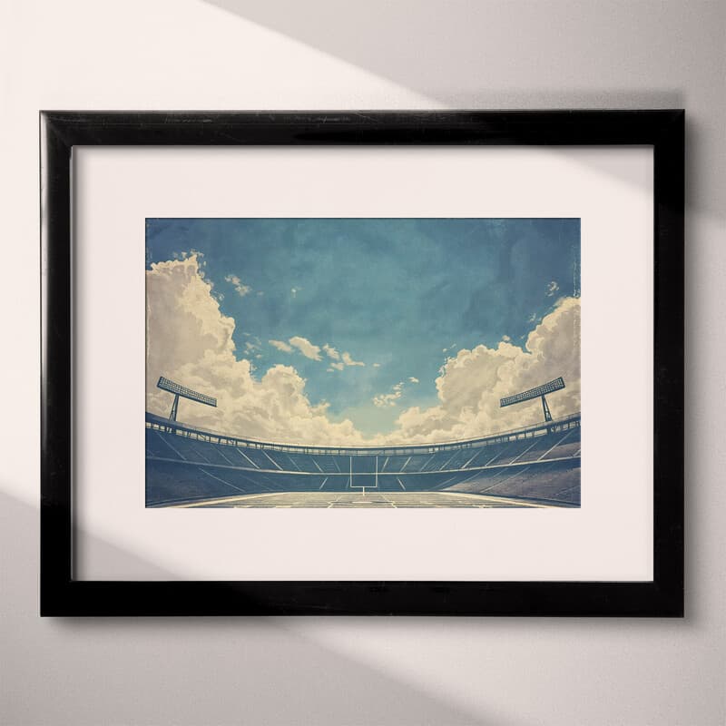 Matted frame view of A vintage pastel pencil illustration, a football stadium, clouds in the sky