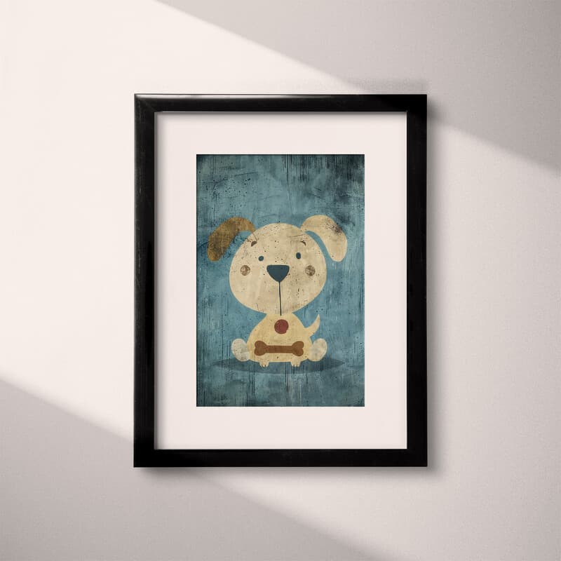 Matted frame view of A cute simple illustration with simple shapes, a dog with a bone