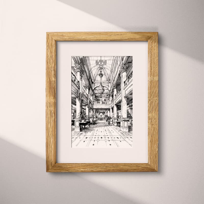 Matted frame view of A vintage pencil sketch, a hotel lobby