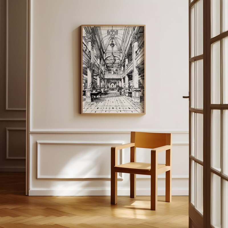 Room view with a full frame of A vintage pencil sketch, a hotel lobby