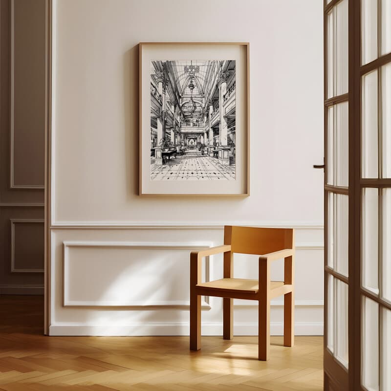 Room view with a matted frame of A vintage pencil sketch, a hotel lobby