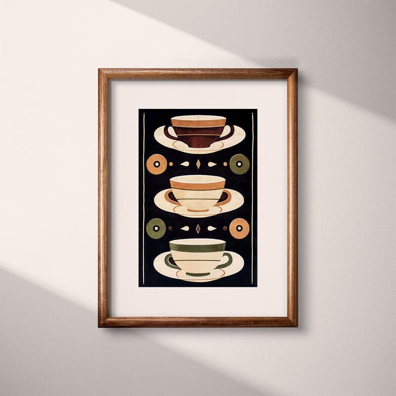 Matted frame view of A vintage textile print, symmetric coffee cup pattern