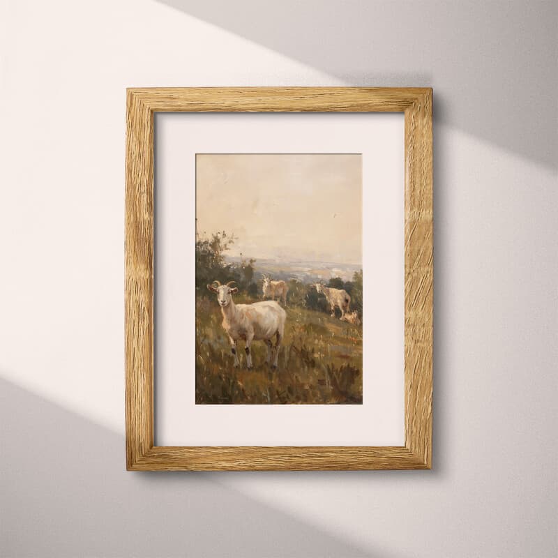 Matted frame view of An impressionist oil painting, goats in a field, distant view