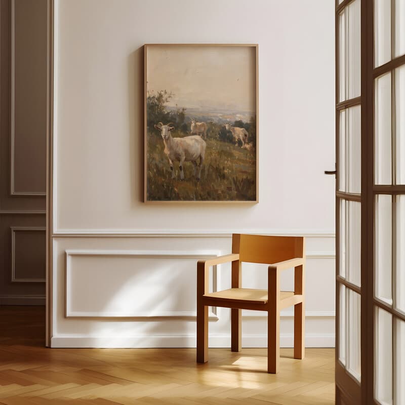 Room view with a full frame of An impressionist oil painting, goats in a field, distant view