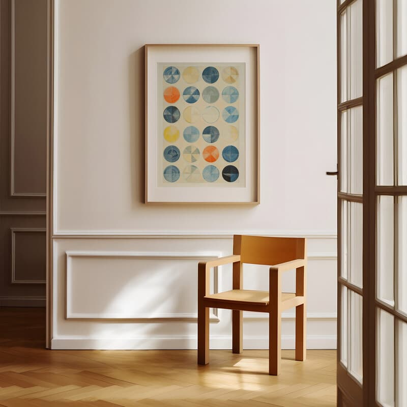 Room view with a matted frame of A contemporary pastel pencil illustration, a grid of circles