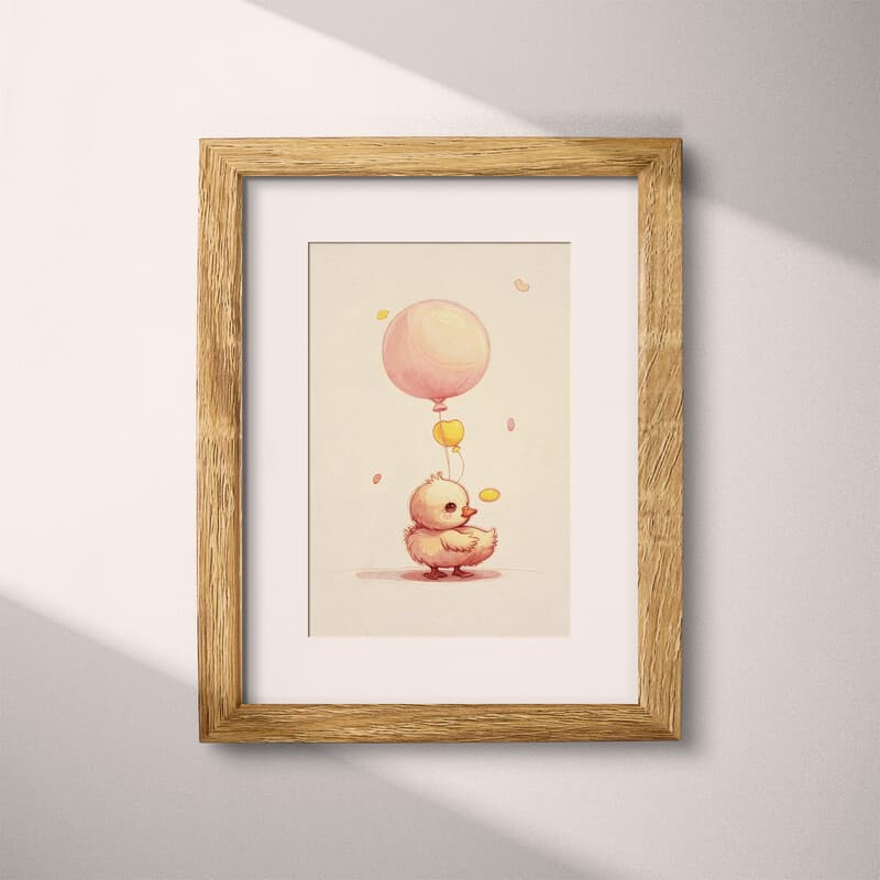 Matted frame view of A cute chibi anime pastel pencil illustration, a duck with a balloon