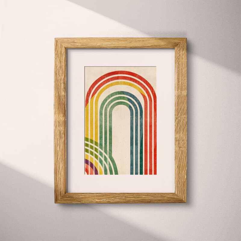 Matted frame view of A vintage textile print, rainbow pattern