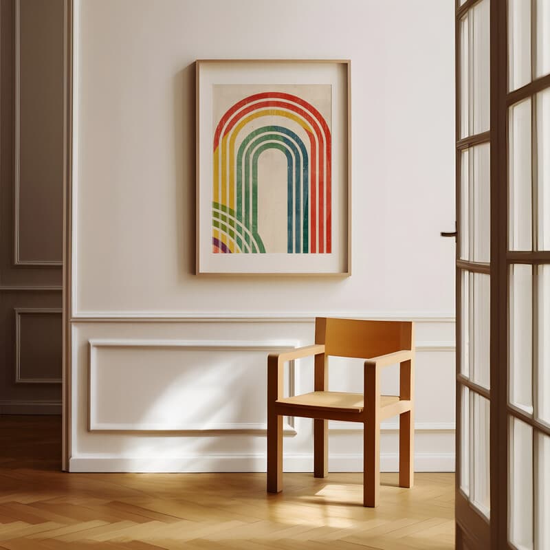 Room view with a matted frame of A vintage textile print, rainbow pattern