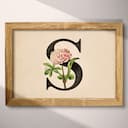 Full frame view of A vintage pastel pencil illustration, the letter "S" with a flower