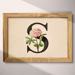 Letter S Art | Typography Wall Art | Flowers Print | Brown, Black, Gray, Red and Green Decor | Vintage Wall Decor | Entryway Digital Download | Autumn Art | Pastel Pencil Illustration