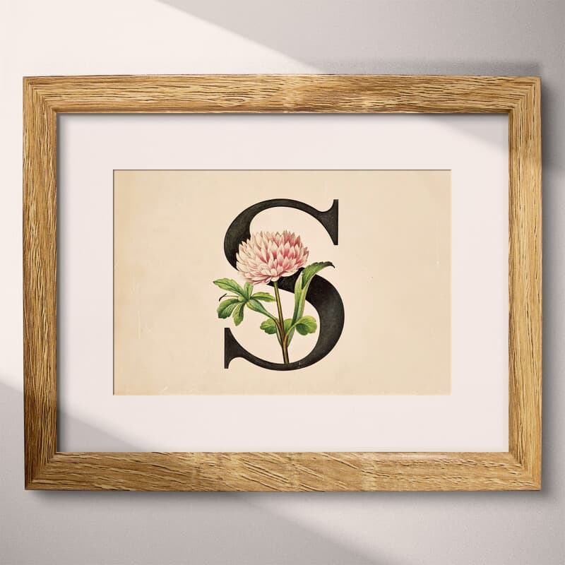 Matted frame view of A vintage pastel pencil illustration, the letter "S" with a flower