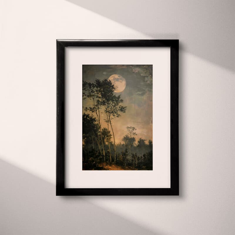 Matted frame view of An impressionist oil painting, moon in the sky over a forest