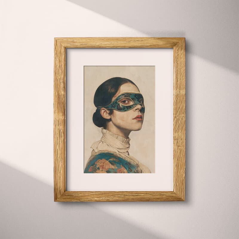 Matted frame view of A vintage oil painting, a girl wearing a mask