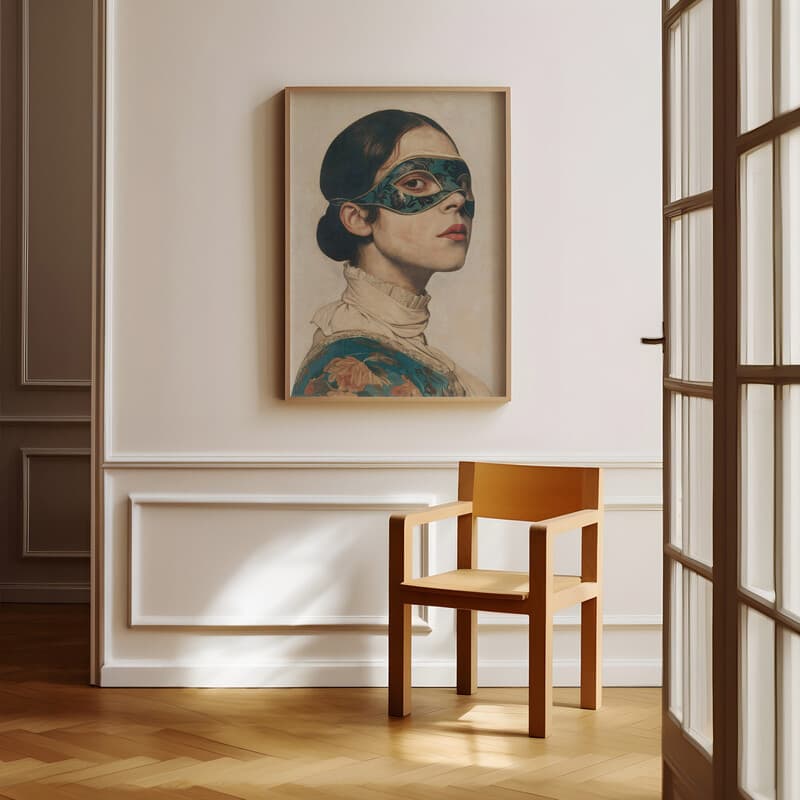 Room view with a full frame of A vintage oil painting, a girl wearing a mask