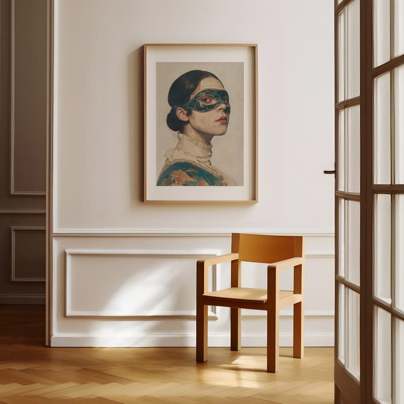 Room view with a matted frame of A vintage oil painting, a girl wearing a mask