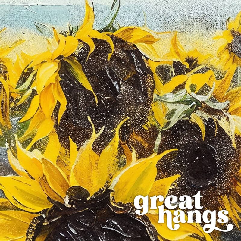 Closeup view of A rustic oil painting, a field of sunflowers