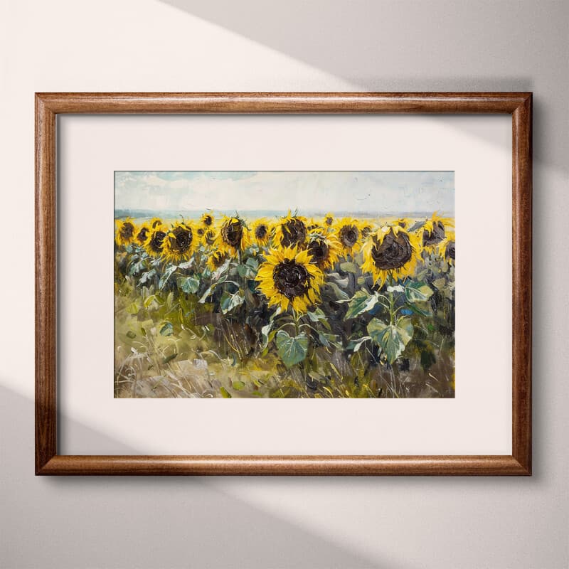 Matted frame view of A rustic oil painting, a field of sunflowers