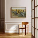 Room view with a full frame of A rustic oil painting, a field of sunflowers