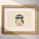 Matted frame view of A cute chibi anime pastel pencil illustration, a bird with aviator goggles