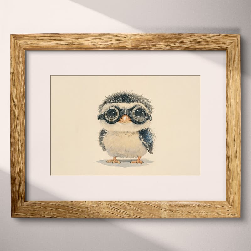 Matted frame view of A cute chibi anime pastel pencil illustration, a bird with aviator goggles