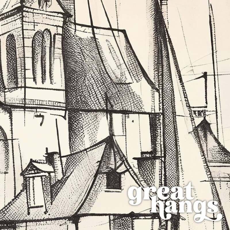 Closeup view of A contemporary graphite sketch, a seaside town