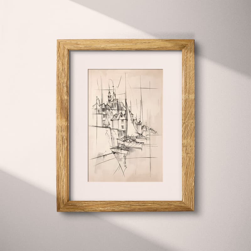 Matted frame view of A contemporary graphite sketch, a seaside town